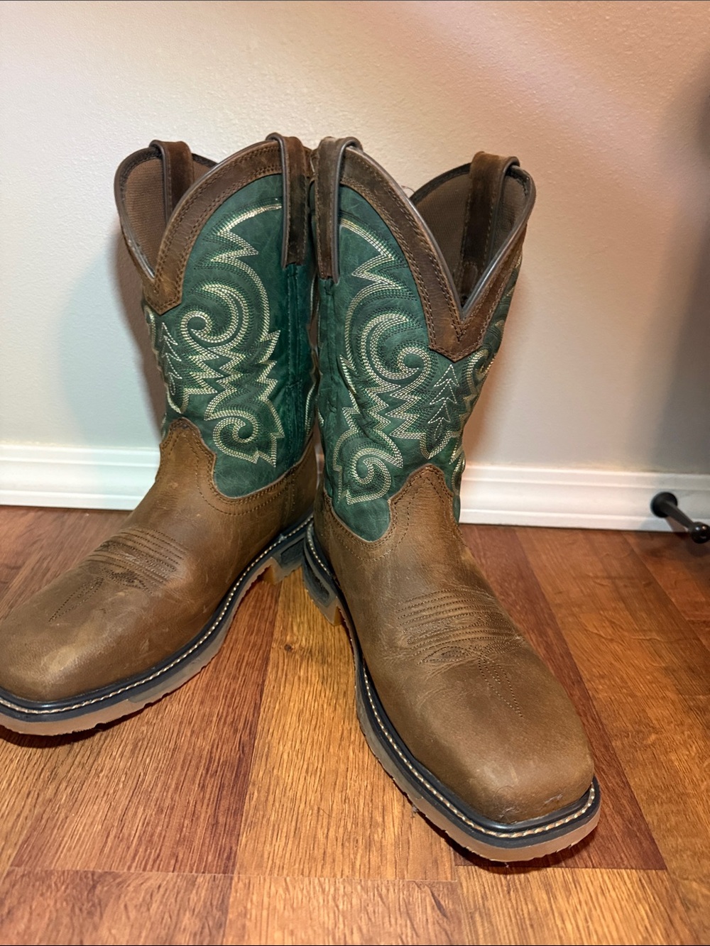Men's Brown and Green Western Work Boots